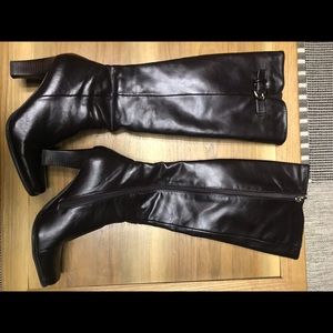 Brown Zip-Up Man-Made Leather Heeled Knee Boots